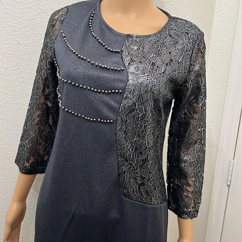 Fashion Mia Dress Size XL Scoop Neck Shimmer Beaded 3/4 Lace Sleeve Midi - Picture 2 of 10